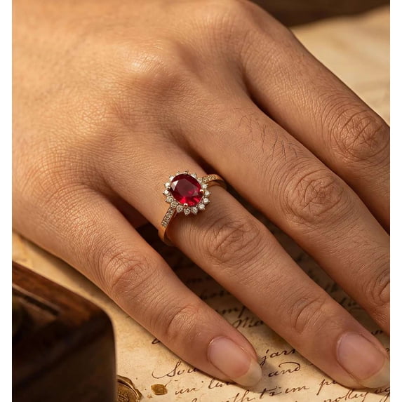 vylahjewellery Unique 14K Vermeil Yellow Gold Proposal Wedding Ring Halo Moissanite Anniversary Ring Oval Red Gemstone Engagement Pave Band Ring for Women