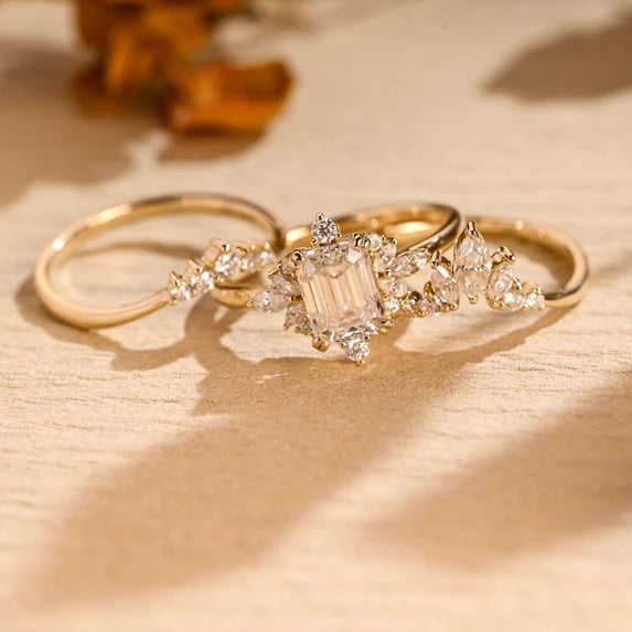 vylahjewellery Unique 3-in-1 Bridal Ring Set Emerald Cut Diamond Engagement Ring Set Moissanite Side Stone Marquise Bridal Wedding Rings 14K Vermeil Yellow Gold Promise Ring