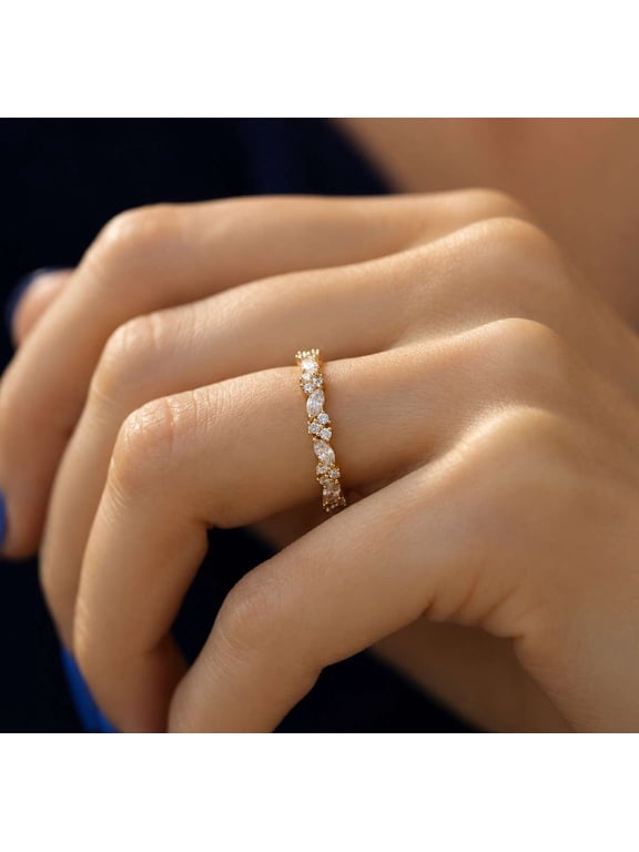 Unique Marquise and Round Diamond Eternity Engagement Band for Women 10K Vermeil Yellow Gold Anniversary Rings Moissanite Wedding Ring