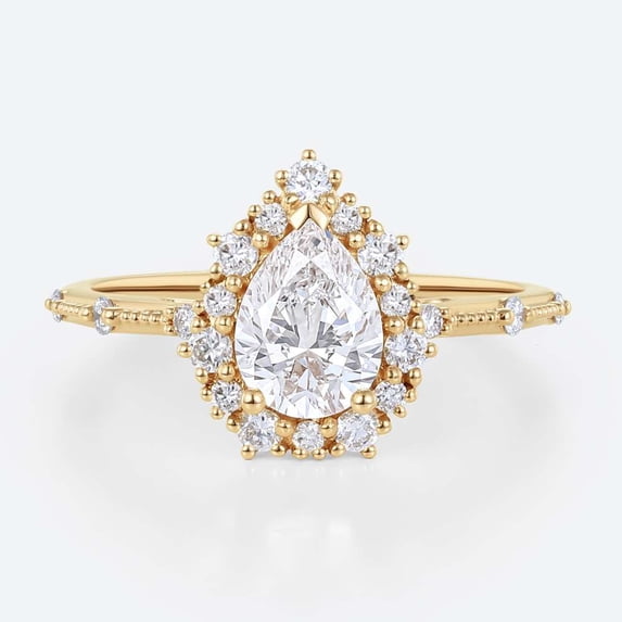 vylahjewellery Vermeil Rose Gold Engagement Ring Milgrain Band Sparkling Moissanite Promise Halo Ring Pear Cut Diamond Ring Bridal Wedding Ring