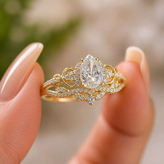 vylahjewellery Vintage Inspired 10K Yellow Gold Vermeil Bridal Ring, Elegant Diamond Ring, Pear Cut Moissanite Engagement Ring, Pave Wedding Ring
