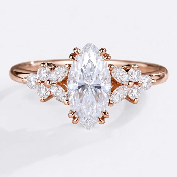 vylahjewellery Vintage Marquise Moissanite Floral Engagement Ring in Rose Gold Vermeil, Leaf Cluster Wedding Ring, Engagement Promise Anniversary Ring