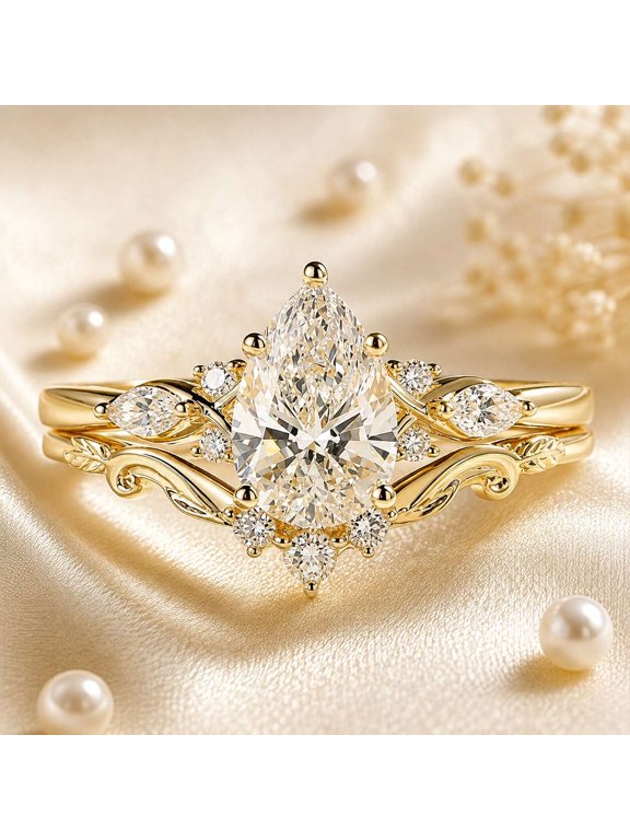 Vintage Nature Inspired Leaf Vine Wedding Ring, Cluster Diamond Bridal Set, 10K Yellow Gold Vermeil Engagement Ring, Pear Promise Ring