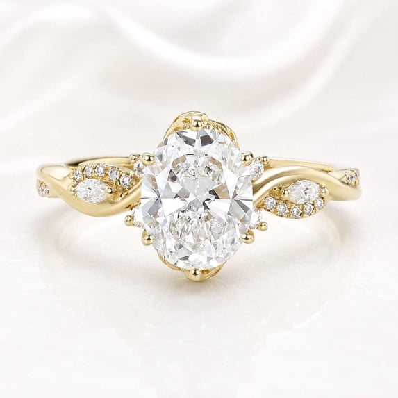 vylahjewellery Vintage Oval Cut Moissanite Ring 10K Yellow Gold Vermeil Halo Inspired Engagement Promise Ring, Twisted Vine Wedding Ring