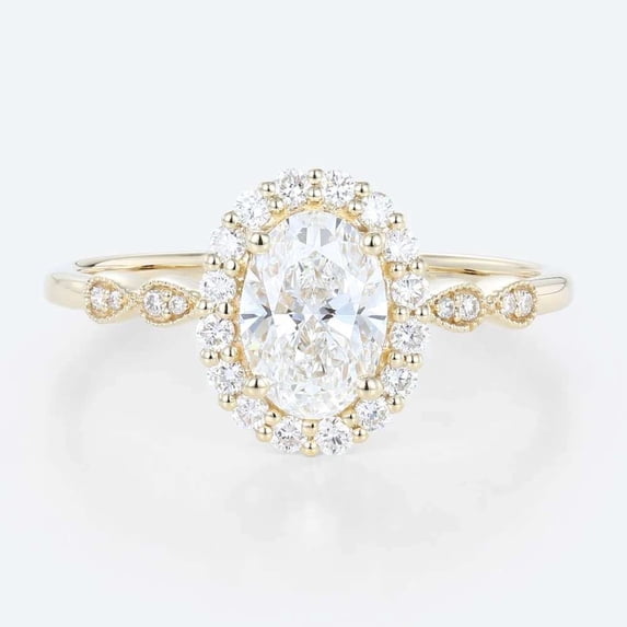 vylahjewellery Vintage Pave Wedding Band Oval Cut Moissanite Halo Engagement Ring, 14K Yellow Gold Vermeil Ring, Promise Gift Proposal Jewelry