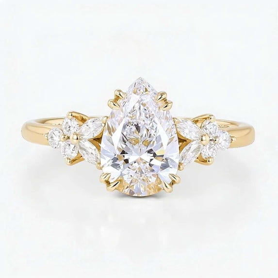 vylahjewellery Vintage Vermeil Yellow Gold Engagement Anniversary Ring Pear Cut Diamond Valentine Day Ring with Marquise Side Stones Moissanite Wedding Promise Ring for Her