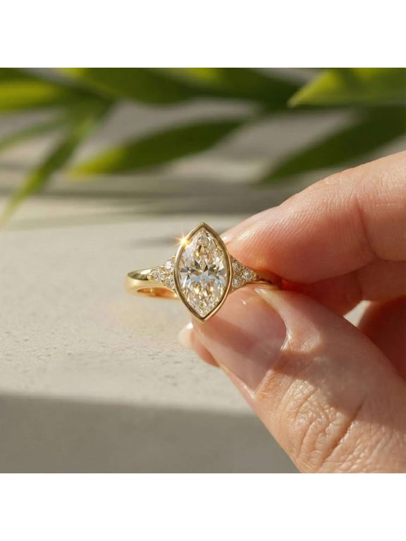 Women's Marquise Cut Diamond Ring for Women 10K Vermeil Yellow Gold Bezel Set Solitaire with Accent Stones Engagement, Promise & Anniversary Ring Gift