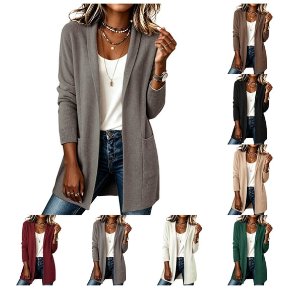 vzibsiv Cardigan for Women Long Sleeve Open Front Knit Fleece Jacket with Pockets Fall Winter Outfits Gray Size S