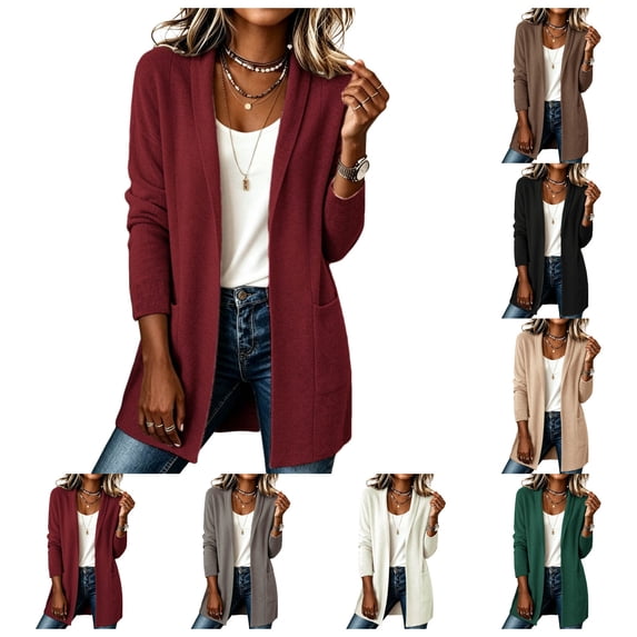 vzibsiv Cardigan for Women Long Sleeve Open Front Knit Fleece Jacket with Pockets Fall Winter Outfits Red Size M