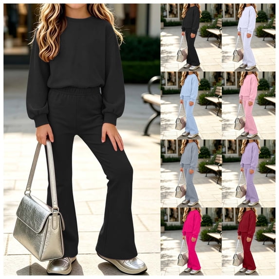 vzibsiv Girls 2 Piece Outfits Long Sleeve Crew Neck Sweatshirt Flare Pants Tracksuit Casual Fall Winter Clothing Set Black 7-8Years