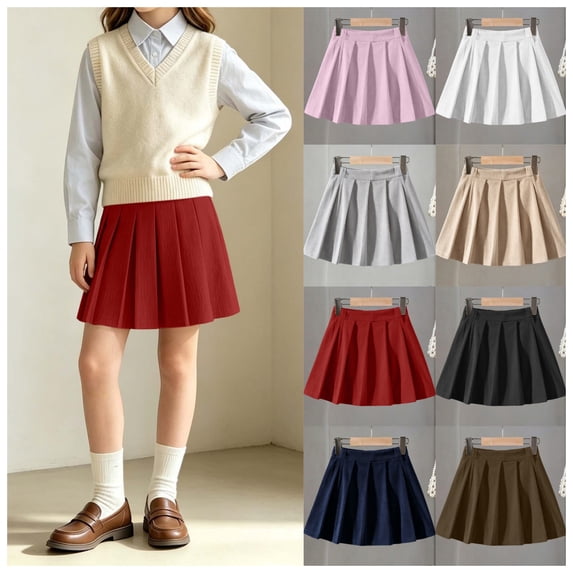 vzibsiv Girls Corduroy Pleated Skirt Elastic Waist A-Line Mini for School Casual Wear Red 7-8T