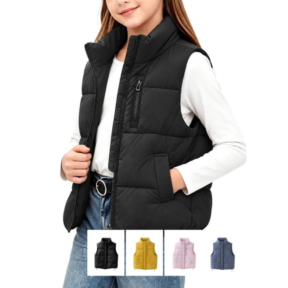 vzibsiv Girls Puffer Vest Sleeveless Zip Up Stand Collar Padded Gilet Jacket with Pockets for Fall Winter Black 12-13T