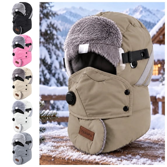 vzibsiv Winter Hats for Womens and Mens Windproof Trapper Hat with Detachable Mask and Goggles Fleece Lined Ski Cap Khaki