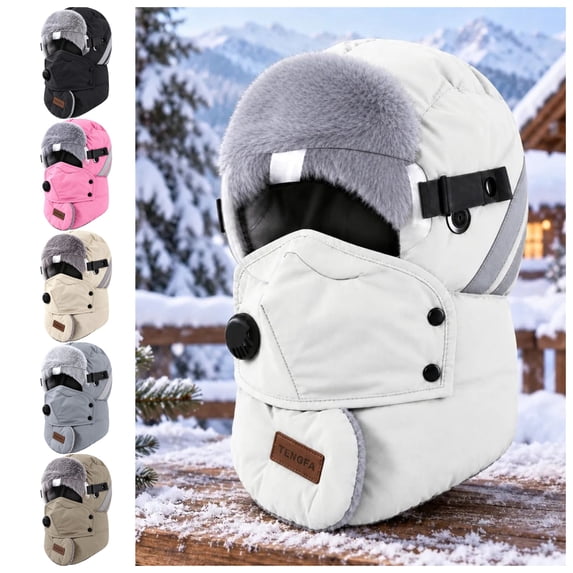 vzibsiv Winter Hats for Womens and Mens Windproof Trapper Hat with Detachable Mask and Goggles Fleece Lined Ski Cap White