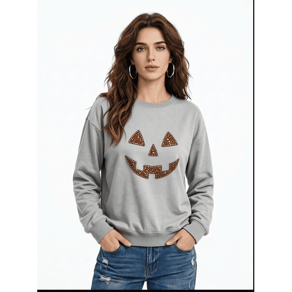vzibsiv Womens Fall Pumpkin Face Rhinestone Sweatshirt Loose Fit Long Sleeve,Gray M