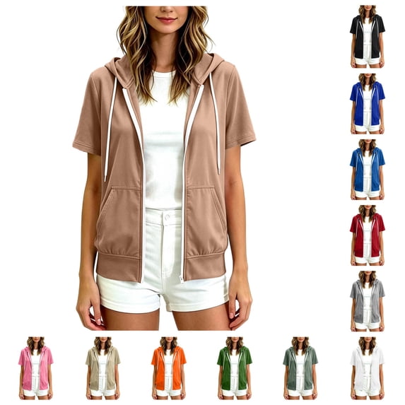 vzibsiv Womens Full Zip Short Sleeve Hoodie With Kangaroo Pocket,Khaki XL