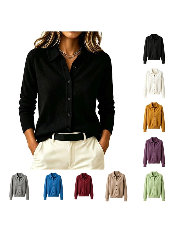 Womens Knit Cardigan Button Down Collared Sweater Long Sleeve Soft Casual Fall Winter Lightweight Outerwear Black Size M