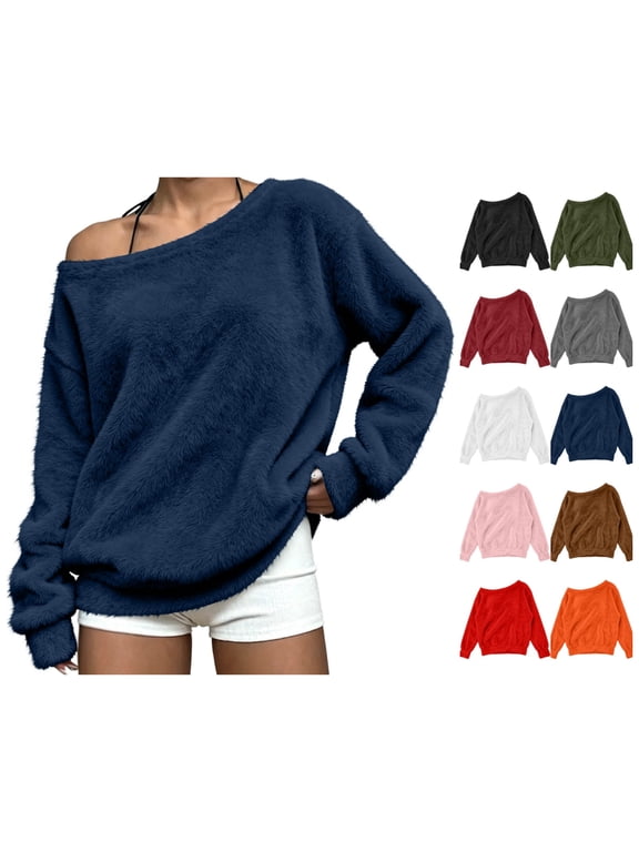 Going Out Tops for Women Off The Shoulder Fuzzy Long Sleeve Sweatershirt Oversized Cozy Casual Pullover Blue Size S
