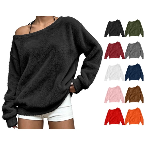 vzibsiv Womens Off Shoulder Fuzzy Sweater Long Sleeve Casual Loose Fit Pullover Top Soft Warm Black Sweatshirt,Size L