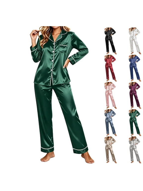 Womens Pajamas Satin Set Button Down Sleepwear Silky Soft PJs with Chest Pocket Green Plus Size L