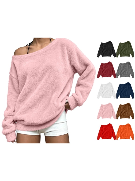 Womens Pink Cozy Off Shoulder Fuzzy Long Sleeve Top Oversized Pullover Casual Sweater,Size M