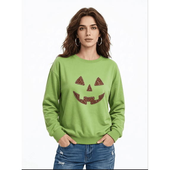 vzibsiv Womens Pumpkin Face Rhinestone Sweatshirt Halloween Party Wear,Green L
