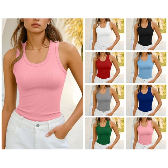 vzibsiv Womens Ribbed Knit Cami Top U Neck Wide Strap Bodycon Sleeveless Wardrobe Staple Pink 2XL