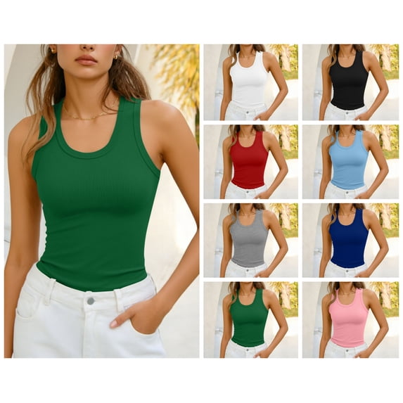 vzibsiv Womens Ribbed Knit Tank Top U Neck Wide Strap Slim Fit Everyday Basic Cami Green M