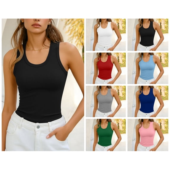 vzibsiv Womens Ribbed Tank Top U Neck Wide Strap Slim Fit Sleeveless Layering Shirt Black M