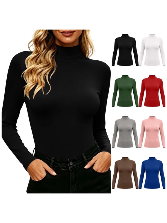 Women Tops Long Sleeve Mock Neck Fitted Brushed Thermal Base Layer Shirt for Fall Winter Black Size L