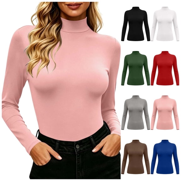 vzibsiv Women Tops Long Sleeve Mock Neck Fitted Brushed Thermal Base Layer Shirt for Fall Winter Pink Size M