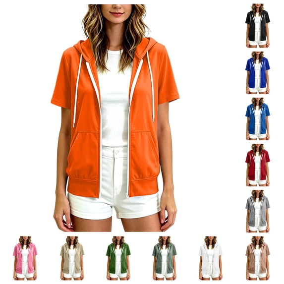 vzibsiv Womens Soft Touch Short Sleeve Hoodie With Side Pockets,Orange L