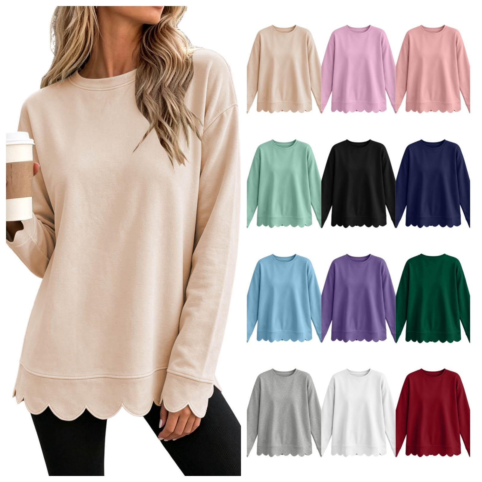 Womens Tops Long Sleeve Scalloped Hem Crew Neck Sweatshirt Casual Loose Pullover Tunic Blouse Fall Winter Beige Size L