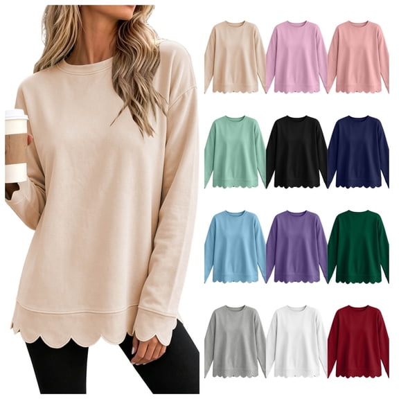 vzibsiv Womens Tops Long Sleeve Scalloped Hem Crew Neck Sweatshirt Casual Loose Pullover Tunic Blouse Fall Winter Beige Size L