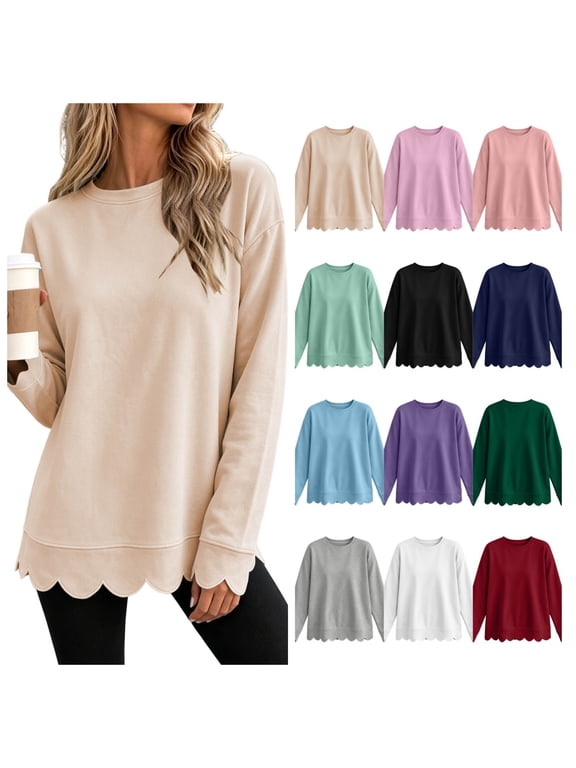Womens Tops Long Sleeve Scalloped Hem Crew Neck Sweatshirt Casual Loose Pullover Tunic Blouse Fall Winter Beige Size M