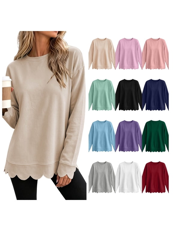 Womens Tops Long Sleeve Scalloped Hem Crew Neck Sweatshirt Casual Loose Pullover Tunic Blouse Fall Winter Khaki Size 2XL