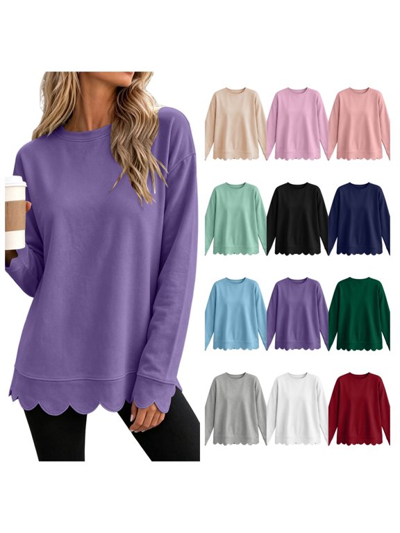 Womens Tops Long Sleeve Scalloped Hem Crew Neck Sweatshirt Casual Loose Pullover Tunic Blouse Fall Winter Purple Size S