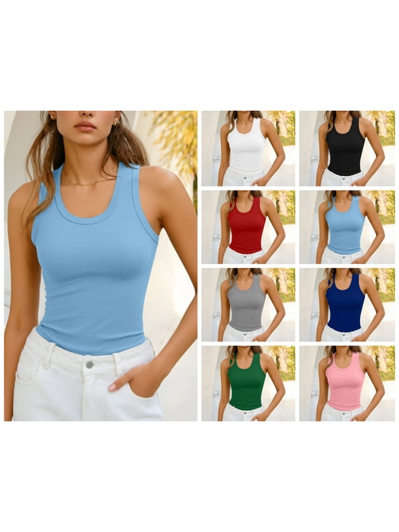 Womens U Neck Ribbed Tank Top Wide Strap Slim Fit Sleeveless Summer Casual Top Light Blue M