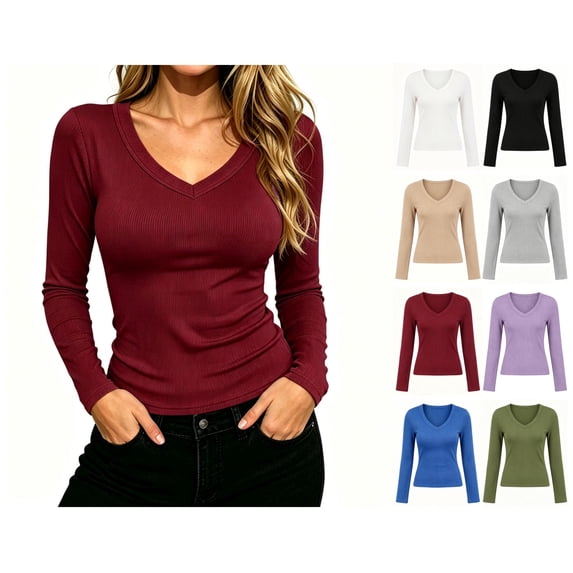 vzibsiv Womens Ribbed Knit Top V Neck Long Sleeve Slim Fit Stretchy Casual Basic Pullover Wine Size XL