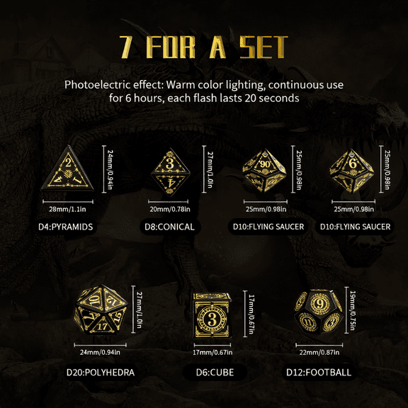 w 7-Piece LED Light Up Dice Set with Charging Case, Rechargeable Polyhedral Dice for Tabletop RPG, D4 D6 D8 D10 D12 D20 w