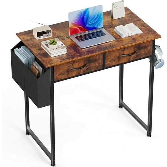 Bigleap 32 Inch Computer Desk with 2 Fabric Drawers, Modern Minimalist Writing Desk for Home Office, Bedroom, Study, Brown
