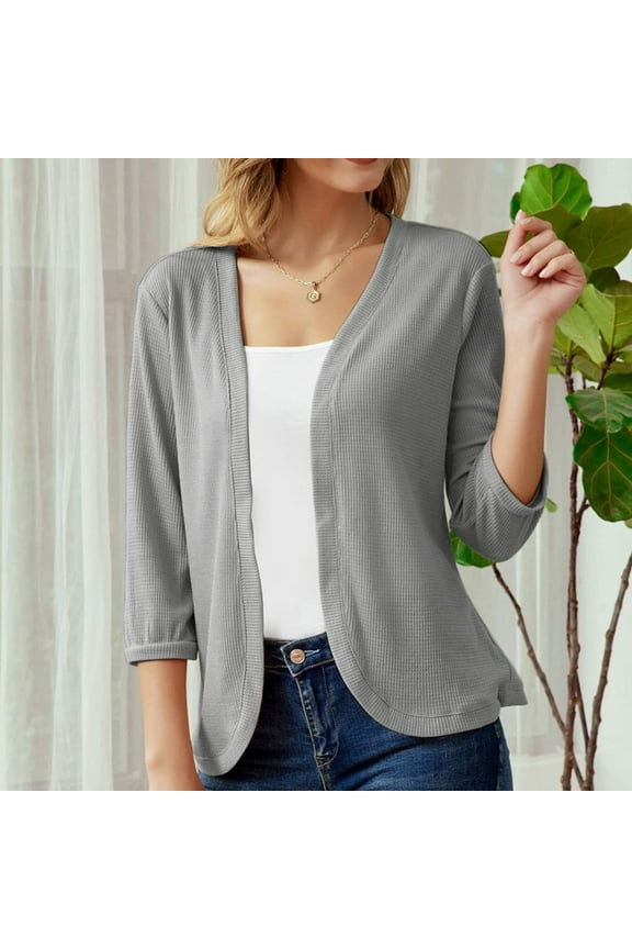 waffle sweater cardigan women 3/4 sleeve open front cardigan solid color loose fit blouse lightweight cardigan