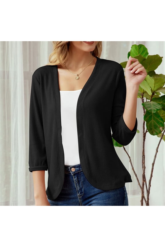 waffle sweater cardigan women 3/4 sleeve open front cardigan solid color loose fit blouse lightweight cardigan