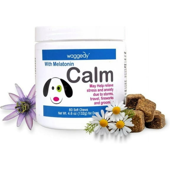 waggedy Calm with Melatonin to Manage Stress & Anxiety Relief, Dog Supplements & Vitamins (60 Pet Calming Chews)