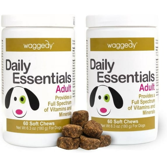waggedy Daily Essentials Adult Chews, Dog Multivitamin & Immune System Support (2 Packs, 60 Chews Each)