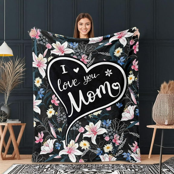 wajoiu Gift for Mom from Son Daughter, 50"x60" Lily Flower Throw Blanket -Word Heart Birthday Christmas Mother''s Day Love''s Gifts for Her Bedding Sofa Couch Soft Flannel, Black