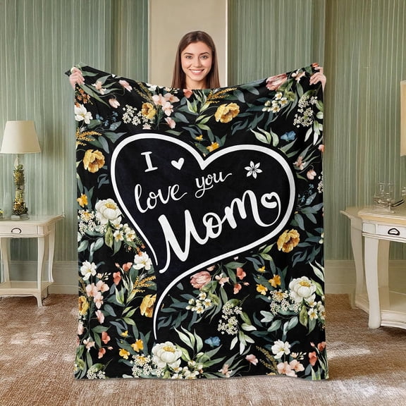 wajoiu Gift for Mom from Son Daughter, 50"x60" Watercolor Floral Throw Blanket -Word Heart Birthday Christmas Mother''s Day Love''s Gifts for Her Bedding Sofa Couch Soft Flannel, Black