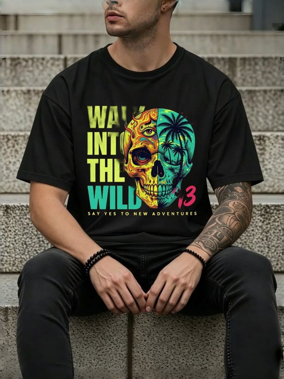 walk wild mens beige short sleeve t shirt beige with animal print elephant and skull palm casual round neck summer tee for camping outfits breathable versatile