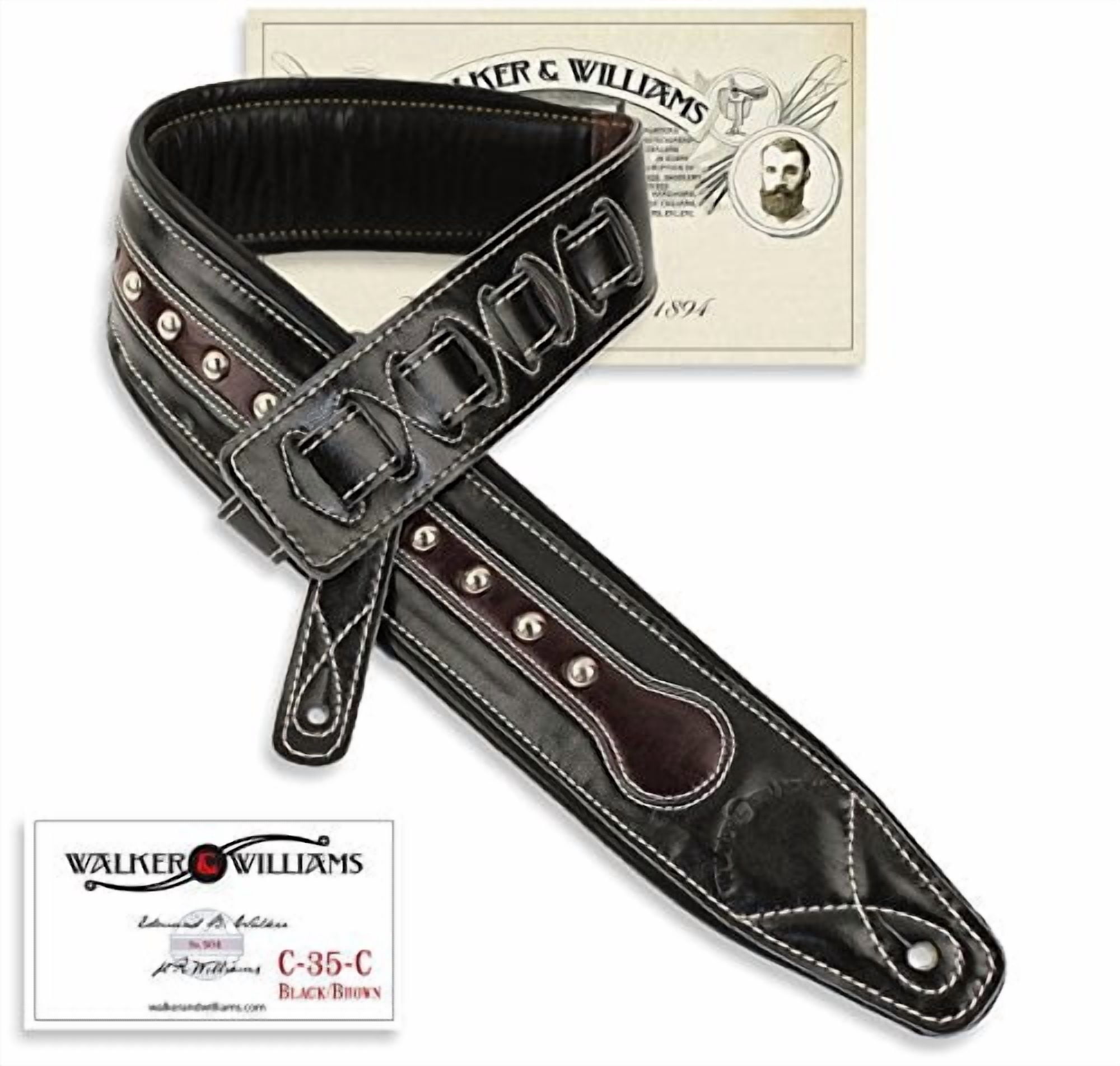 walker & williams c-35 custom black & brown premium top grain leather padded guitar strap with metal studs