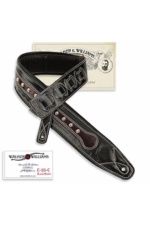 c-35 custom black & brown premium top grain leather padded guitar strap with metal studs